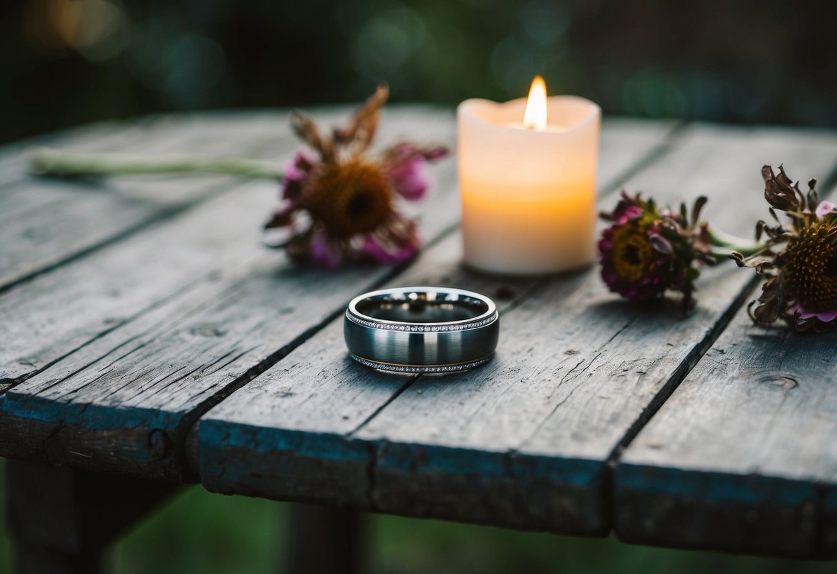 A lone wedding band rests on a weathered wooden table, surrounded by wilted flowers and a flickering candle