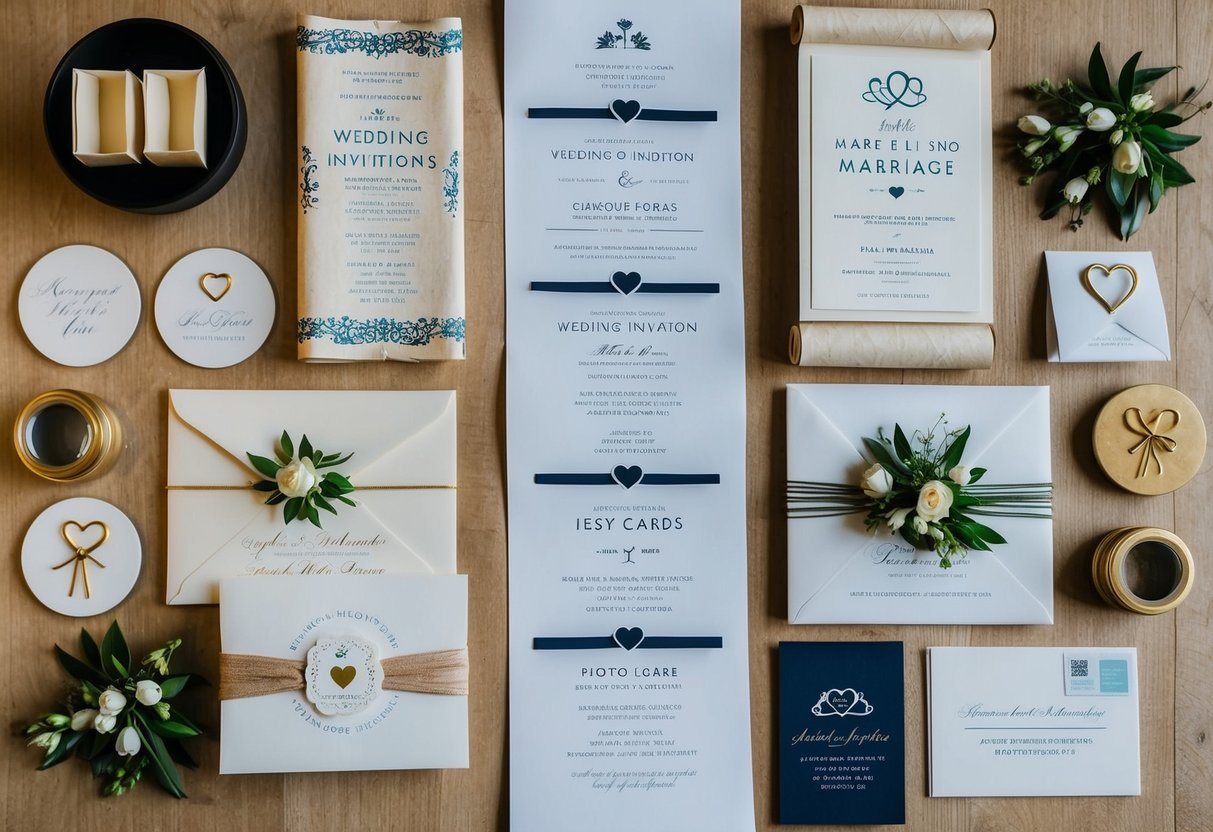 A timeline of wedding invitations from ancient scrolls to modern cards, surrounded by symbols of love and marriage