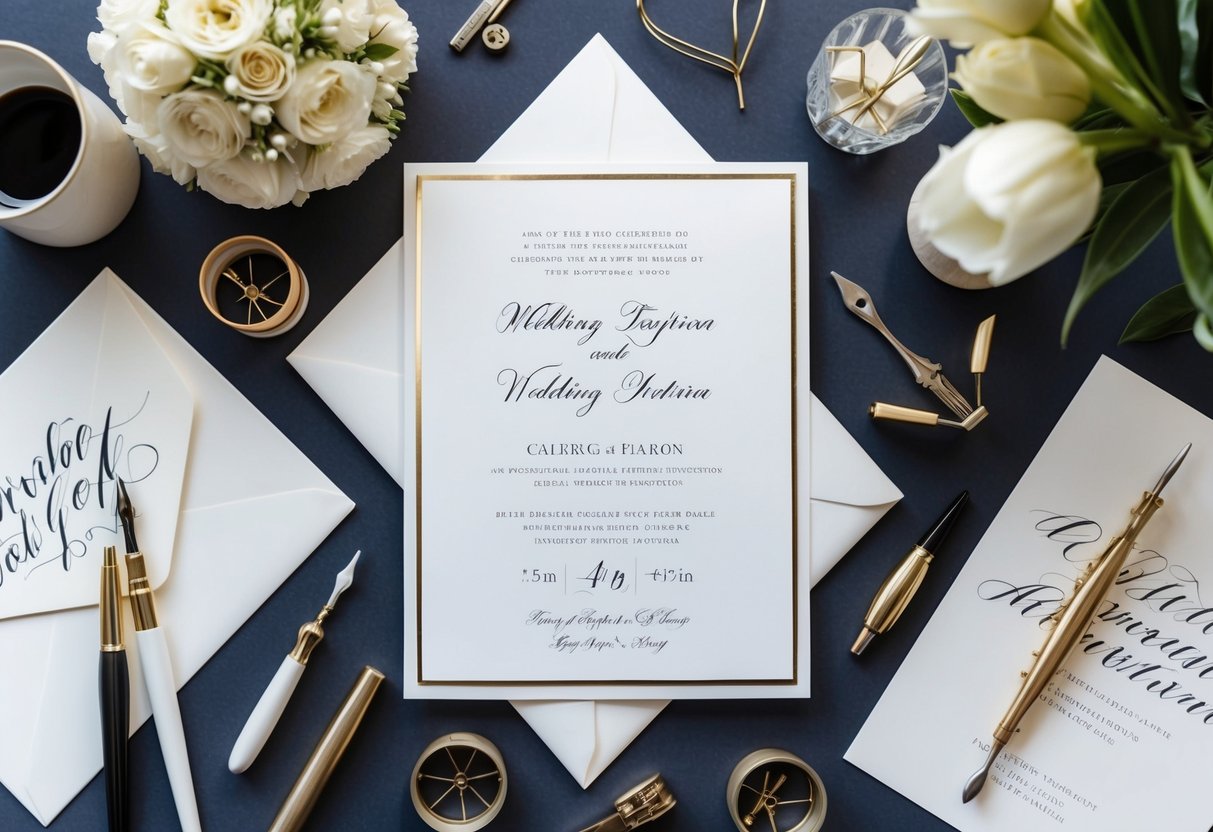 A beautifully designed wedding invitation surrounded by elegant calligraphy tools and modern stationery