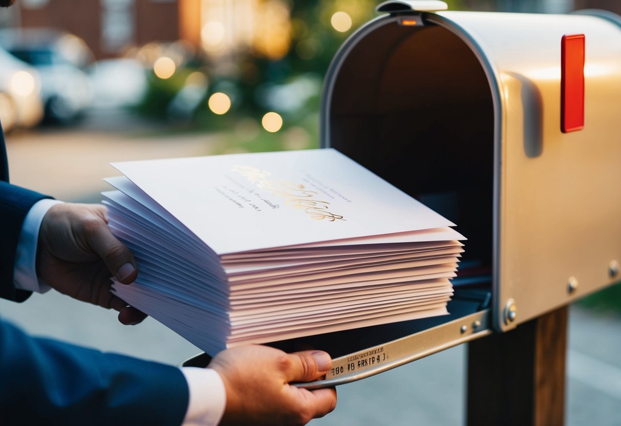 A stack of elegant wedding invitations being placed into a mailbox