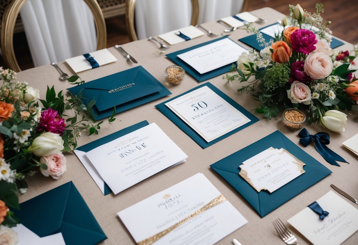 A table adorned with elegant invitations for various milestones, from graduations to anniversaries, surrounded by decorative elements such as flowers and ribbons