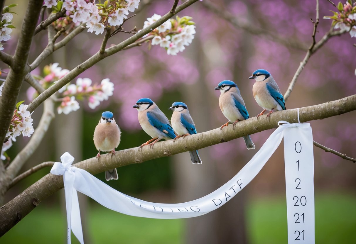 A family of birds perched on a blooming tree, with a banner trailing behind them displaying the wedding date