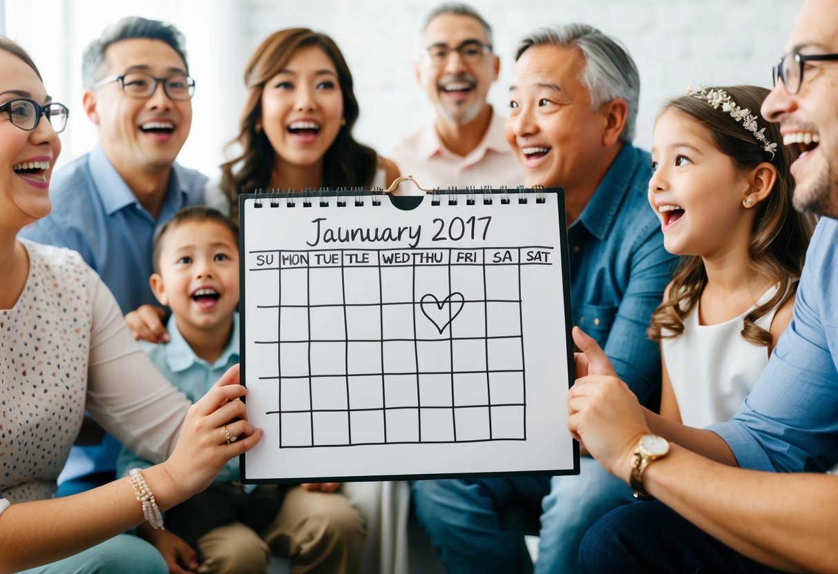 A hand-drawn calendar with a heart around the wedding date, surrounded by excited family members eagerly listening to the announcement