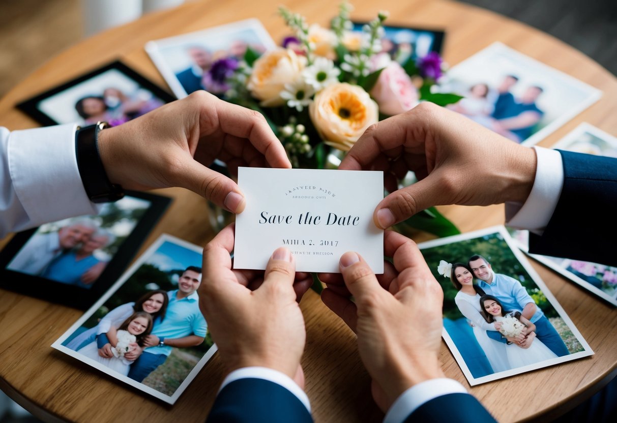 A joyful couple's hands hold a save-the-date card with their wedding date, surrounded by family photos and flowers on a table