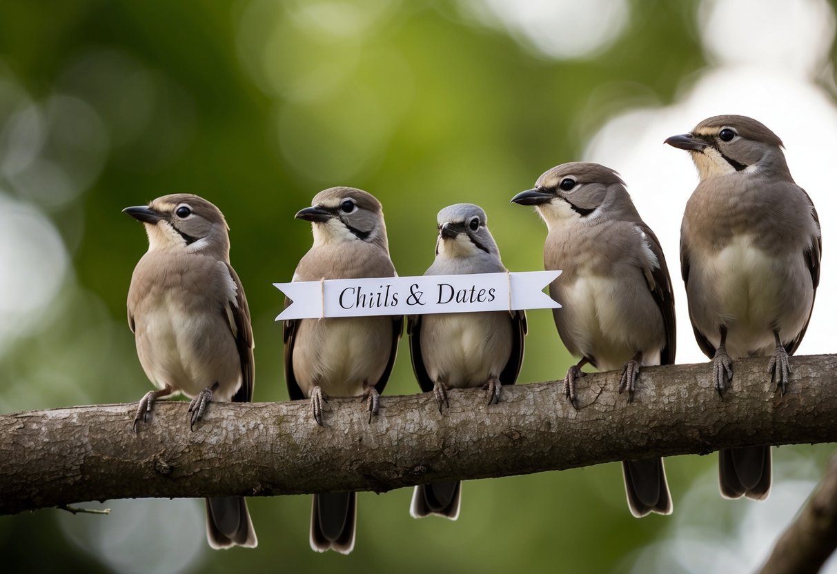 A family of birds perched on a tree branch, one bird holding a small banner with the wedding date while others listen attentively