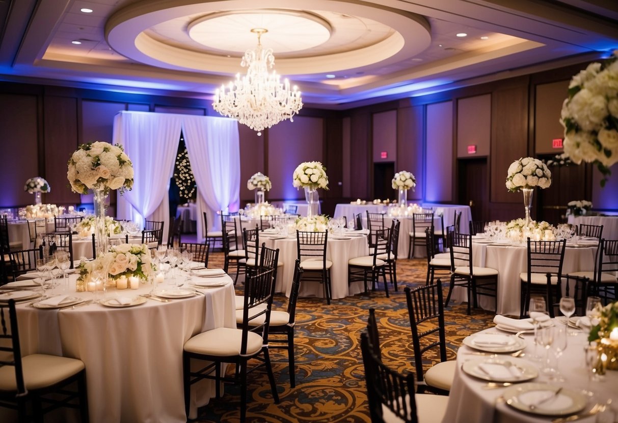 A beautifully decorated reception hall with elegant place settings and a festive atmosphere, with a clear distinction between the wedding and reception areas