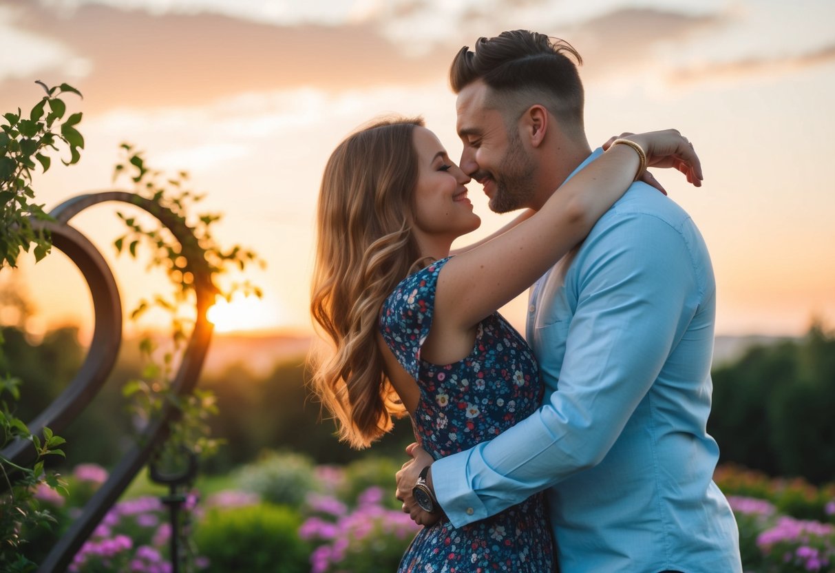 A couple embracing, surrounded by a heart-shaped garden, with a sunset in the background
