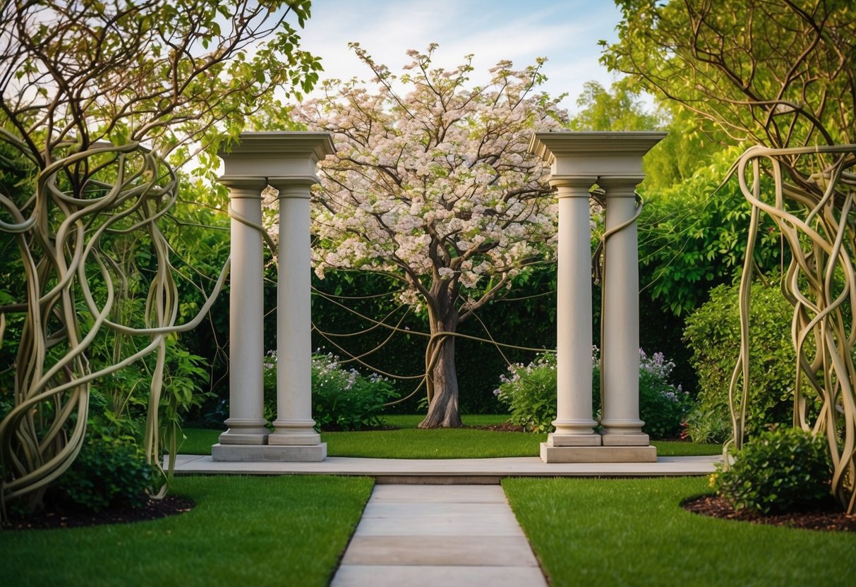 A serene garden with intertwining vines, two entwined pillars, and a blooming tree symbolizing the unity, growth, and resilience of marriage