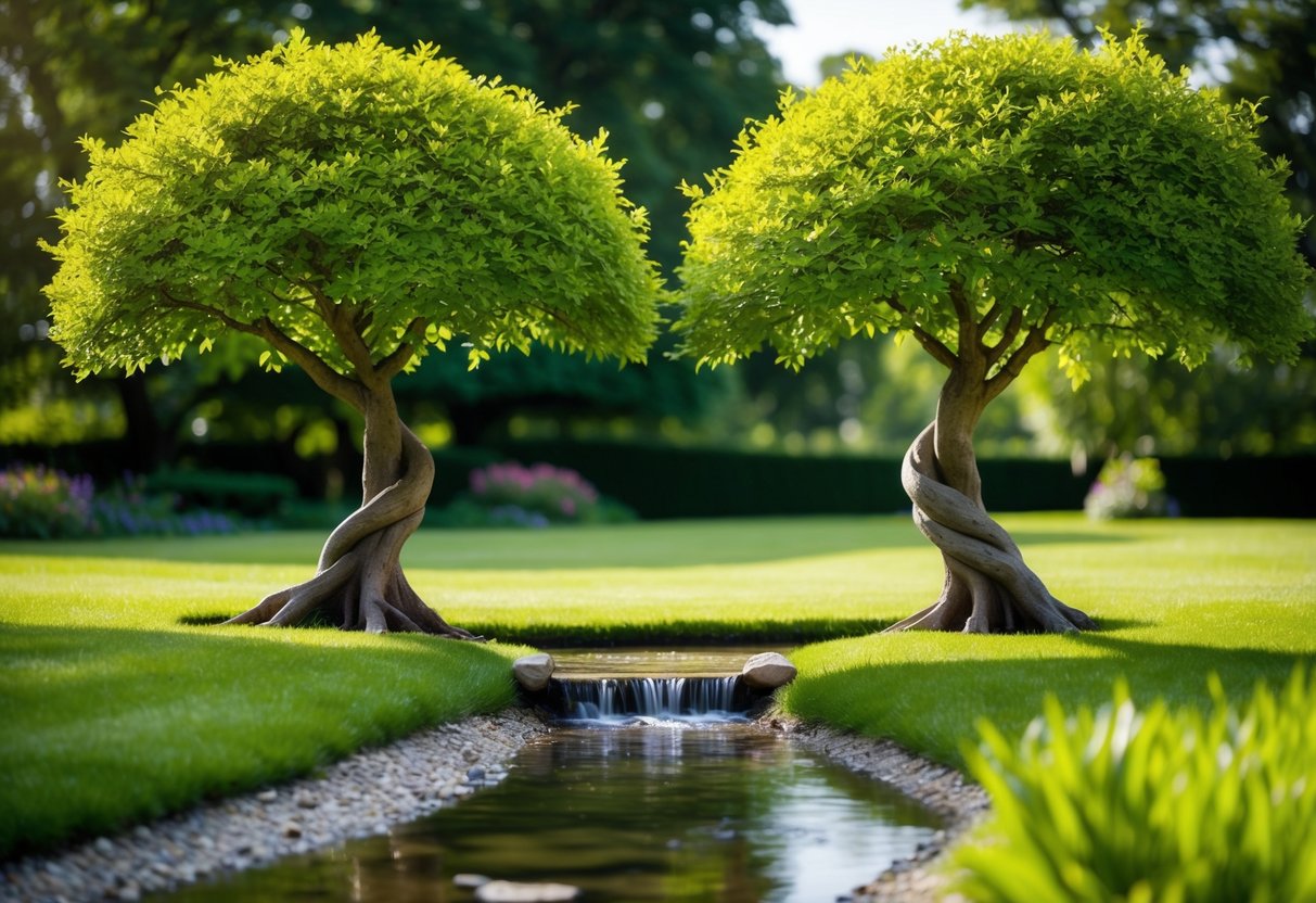 A peaceful garden with two intertwining trees, symbolizing unity and growth. A gentle stream flows nearby, representing the constant flow of healing and forgiveness in a marriage