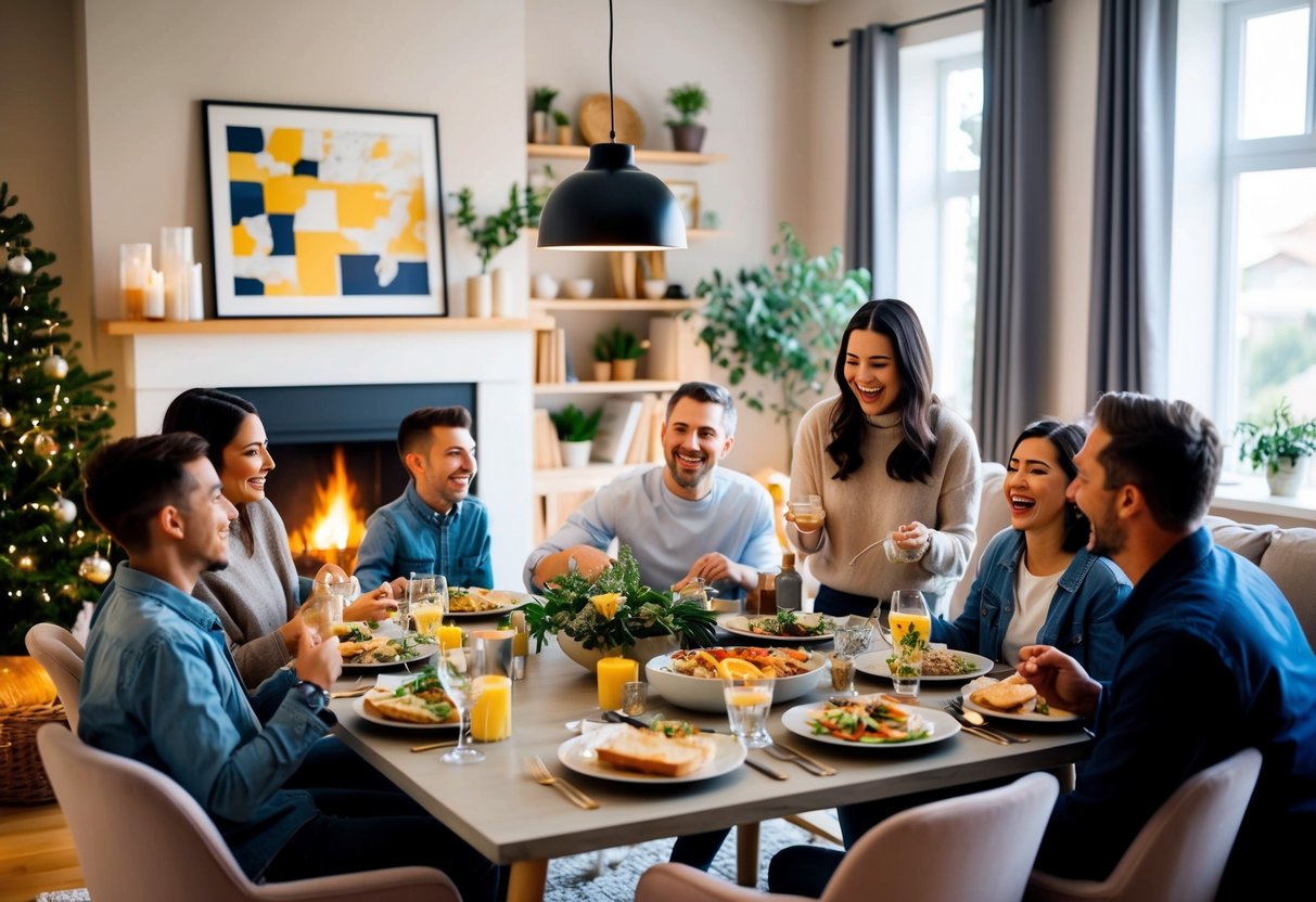 A cozy living room with a warm fireplace, a family gathered around a table, and a group of friends laughing and sharing a meal together