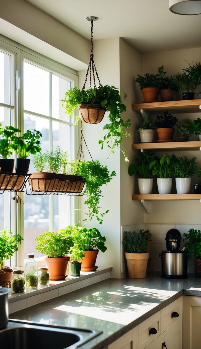 A cozy apartment with windowsill herb gardens, hanging planters, and potted herbs on shelves and countertops. Sunlight streams in, illuminating the greenery