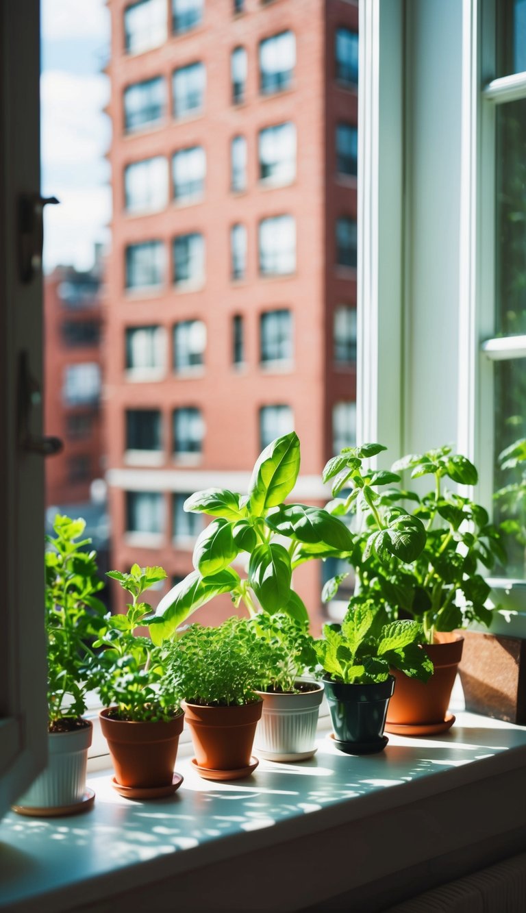 A sunny windowsill with small pots of basil, mint, and other herbs, surrounded by urban apartment buildings