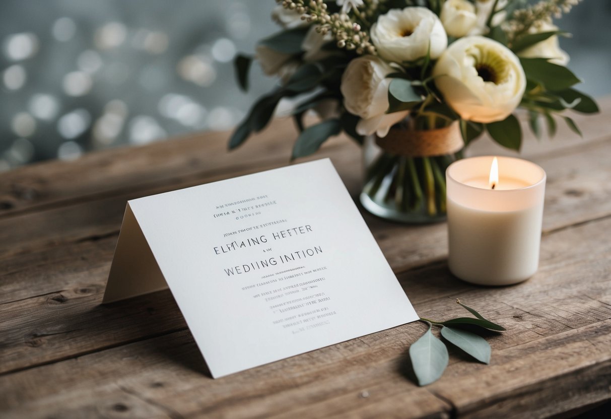 A simple, elegant wedding invitation sitting on a rustic wooden table with a bouquet of flowers and a candle