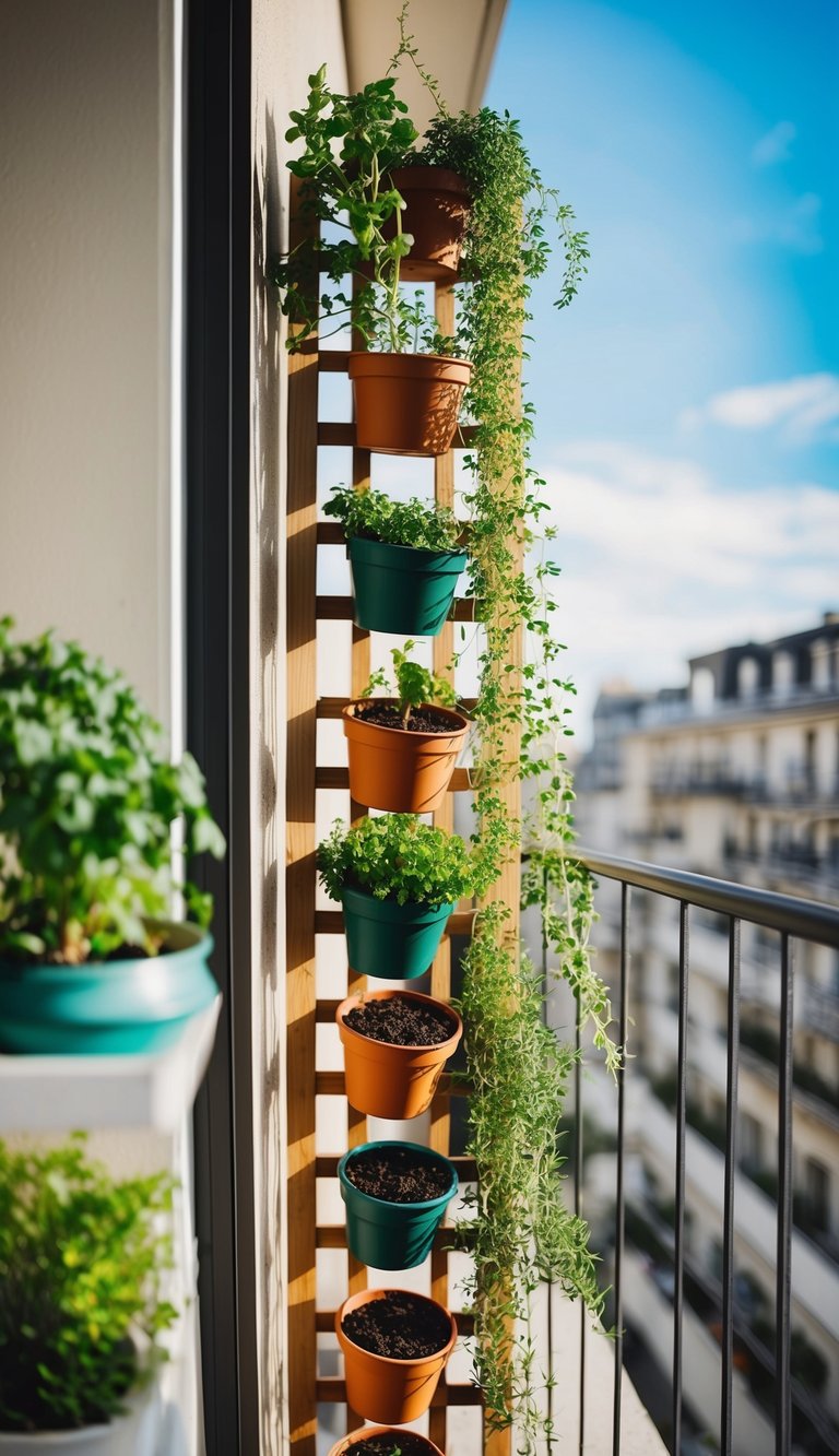 A small space vertical herb garden hangs on a sunny apartment balcony, with pots of basil, thyme, and rosemary cascading down a wooden trellis