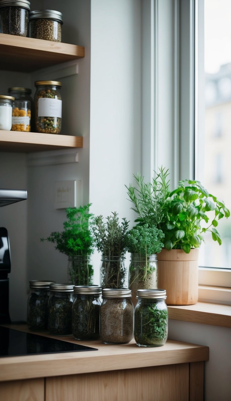 A small apartment kitchen counter with mason jars filled with various herbs, sitting in a row on a wooden shelf near a window