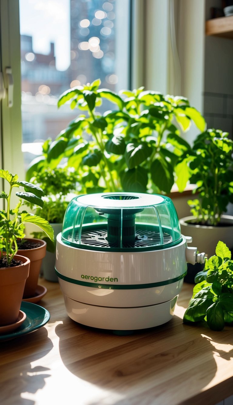 A compact AeroGarden sits on a kitchen counter, surrounded by pots of basil, mint, and other herbs. The apartment is cozy, with sunlight streaming in through the window