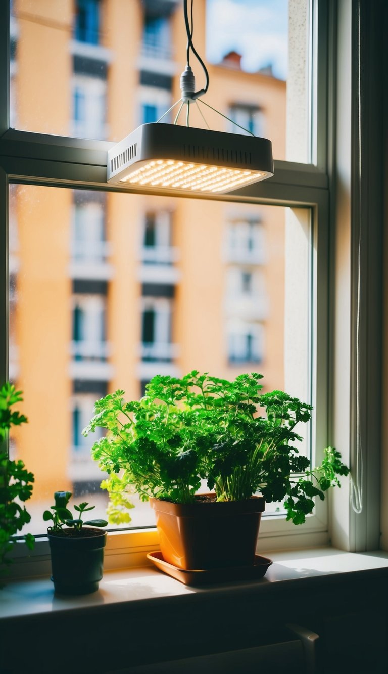A cozy apartment with a small herb garden set up on a sunny windowsill, illuminated by a warm glow from a grow light hanging above
