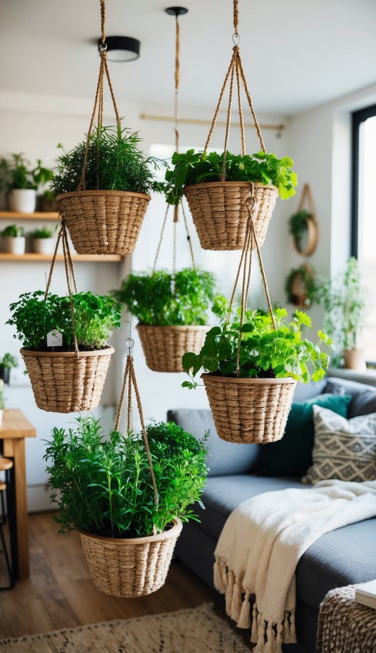 Several hanging herb planter baskets suspended in a small apartment, filled with various herbs and surrounded by cozy indoor decor