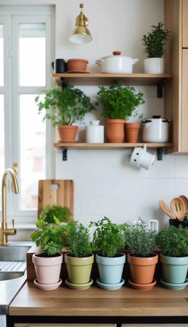 A cozy kitchen counter with a row of charming herb pots in a small apartment