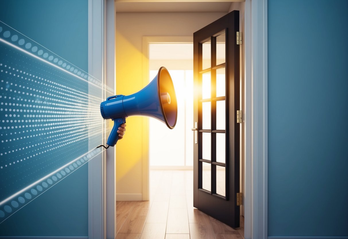 An announcement: a megaphone projecting sound waves outward. An invitation: an open door with a welcoming light shining from within