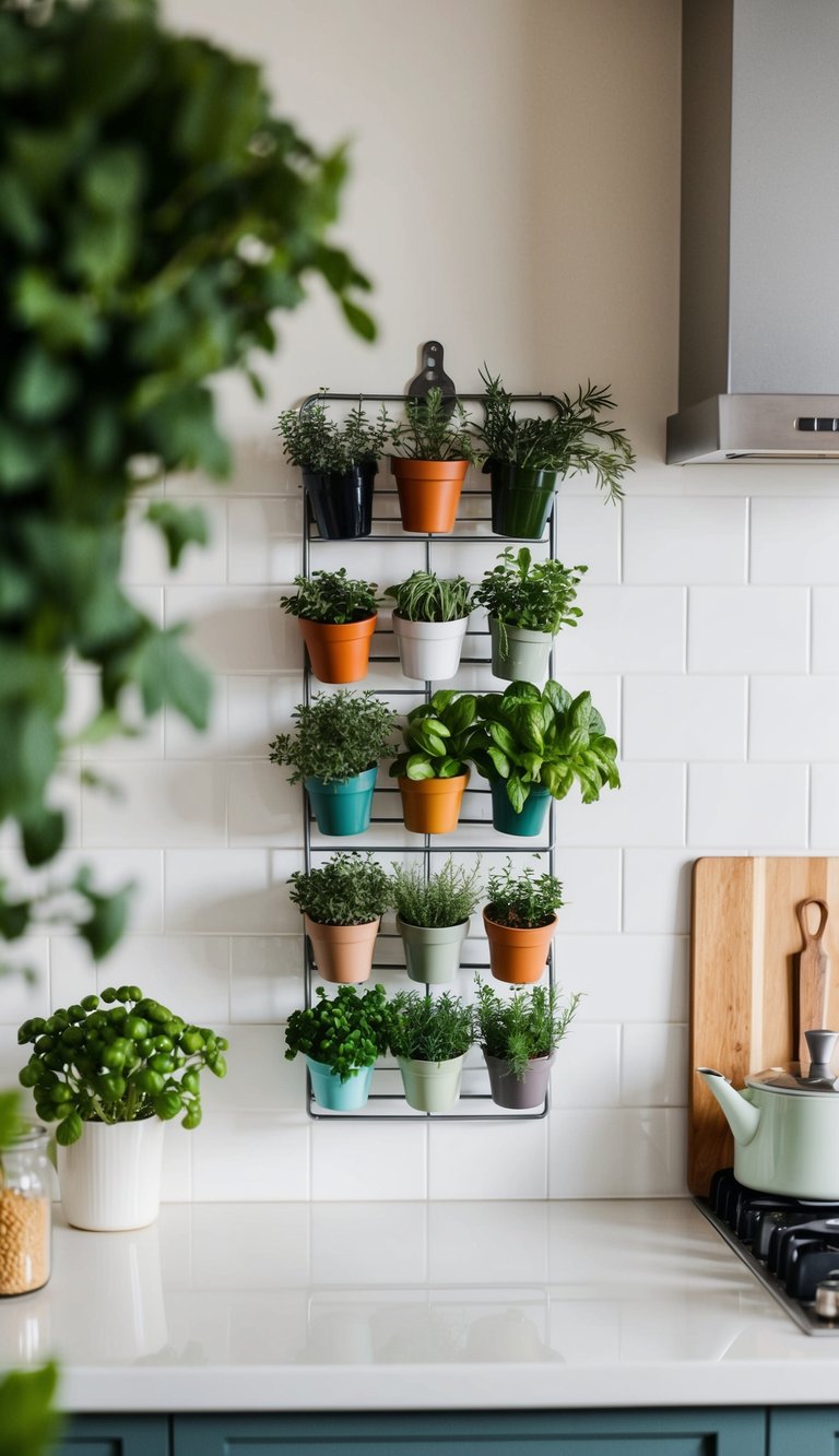 A cozy kitchen with a small wall-mounted herb rack filled with various pots of fresh herbs, hanging neatly against a white tiled backsplash