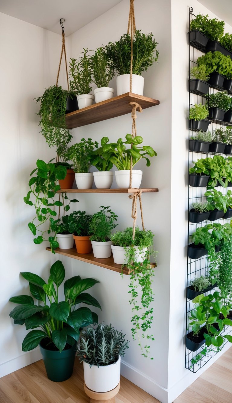 A cozy small apartment with hanging herb gardens, potted plants on shelves, and a vertical garden wall maximizing space