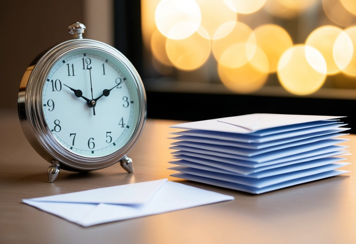 A clock showing the exact time with a neatly arranged stack of envelopes next to it