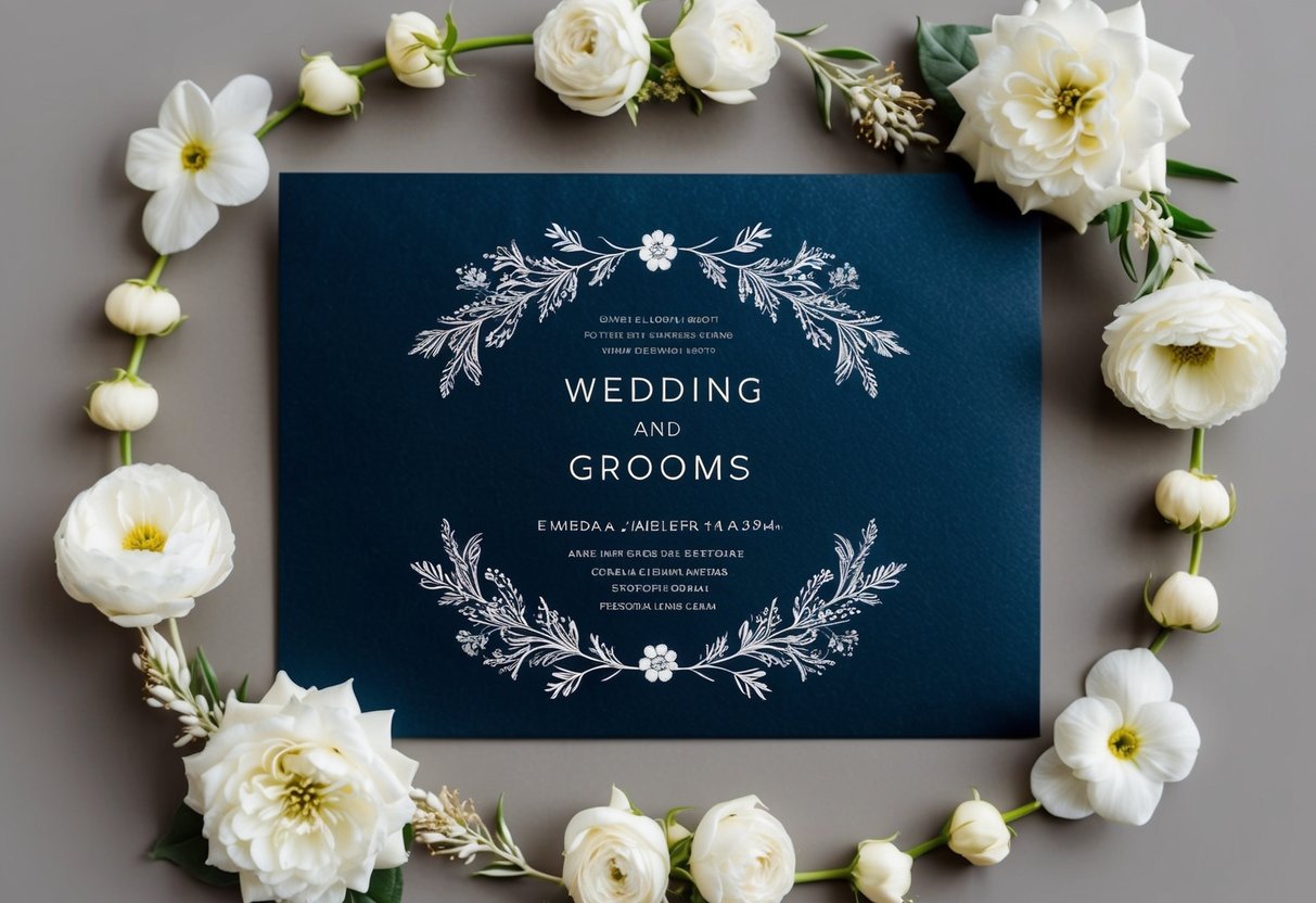 A wedding invitation layout with the bride and groom's names centered and surrounded by elegant floral designs