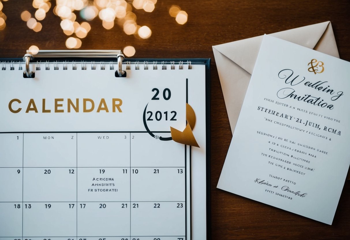A calendar with a circled date and a wedding invitation next to it