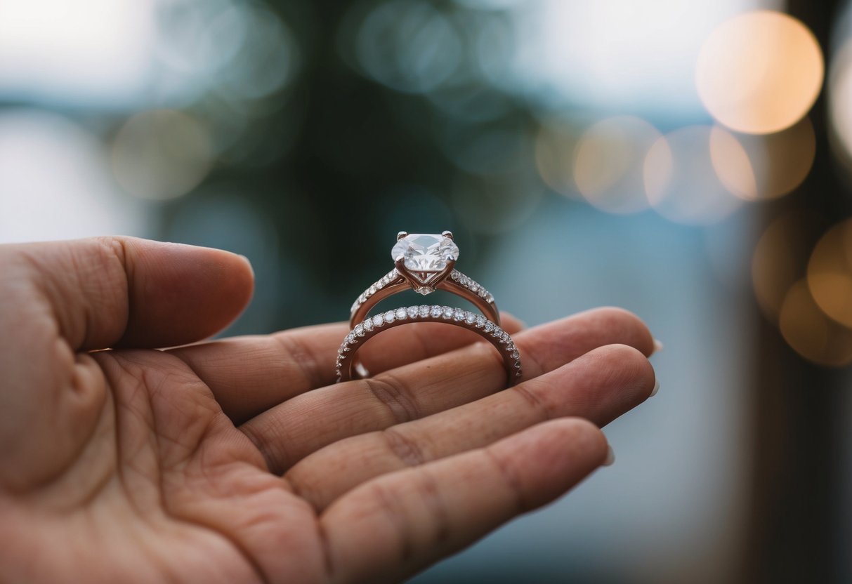 A hand holding a diamond engagement ring and a matching wedding band