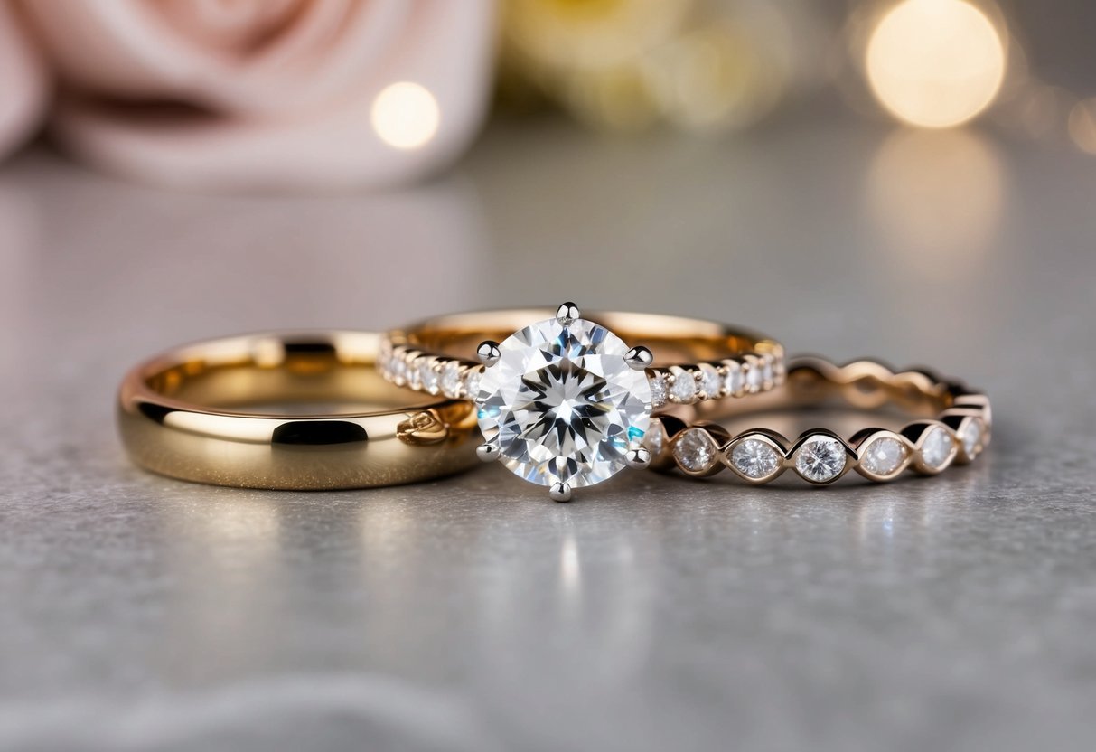A sparkling diamond engagement ring sits between a gold wedding band and a delicate eternity ring