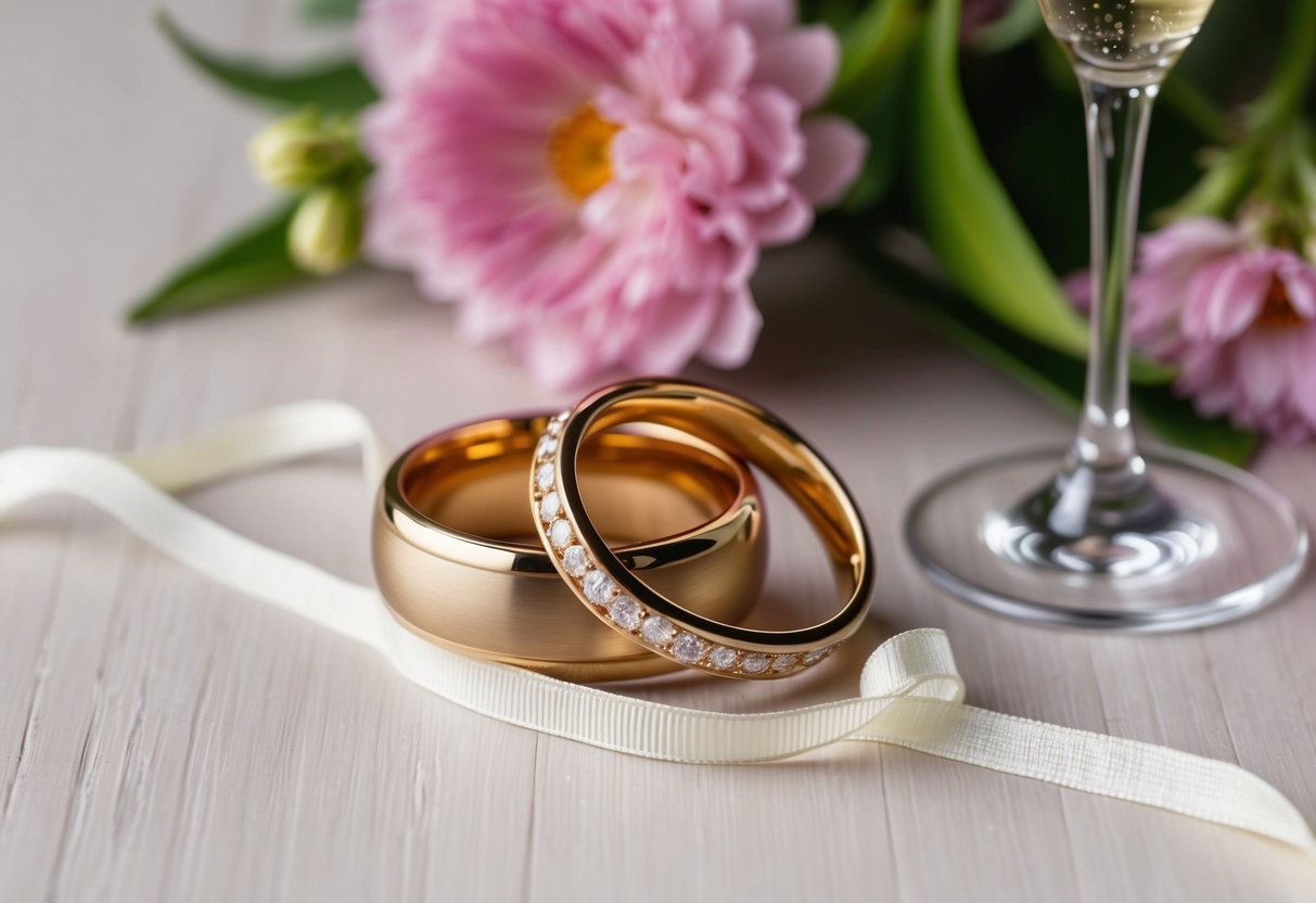A pair of gold wedding rings interlocked with a delicate ribbon, surrounded by blooming flowers and a sparkling champagne glass