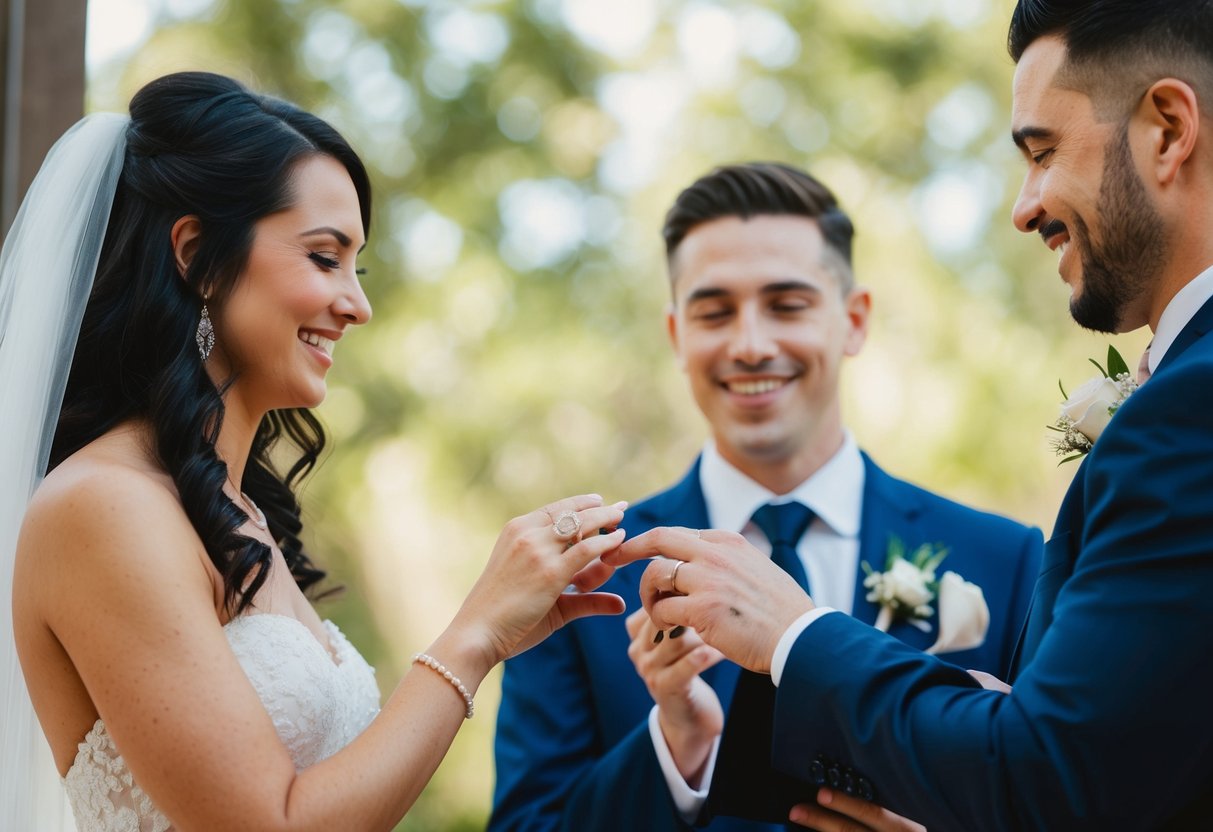 A couple exchanging rings in front of a marriage officiant