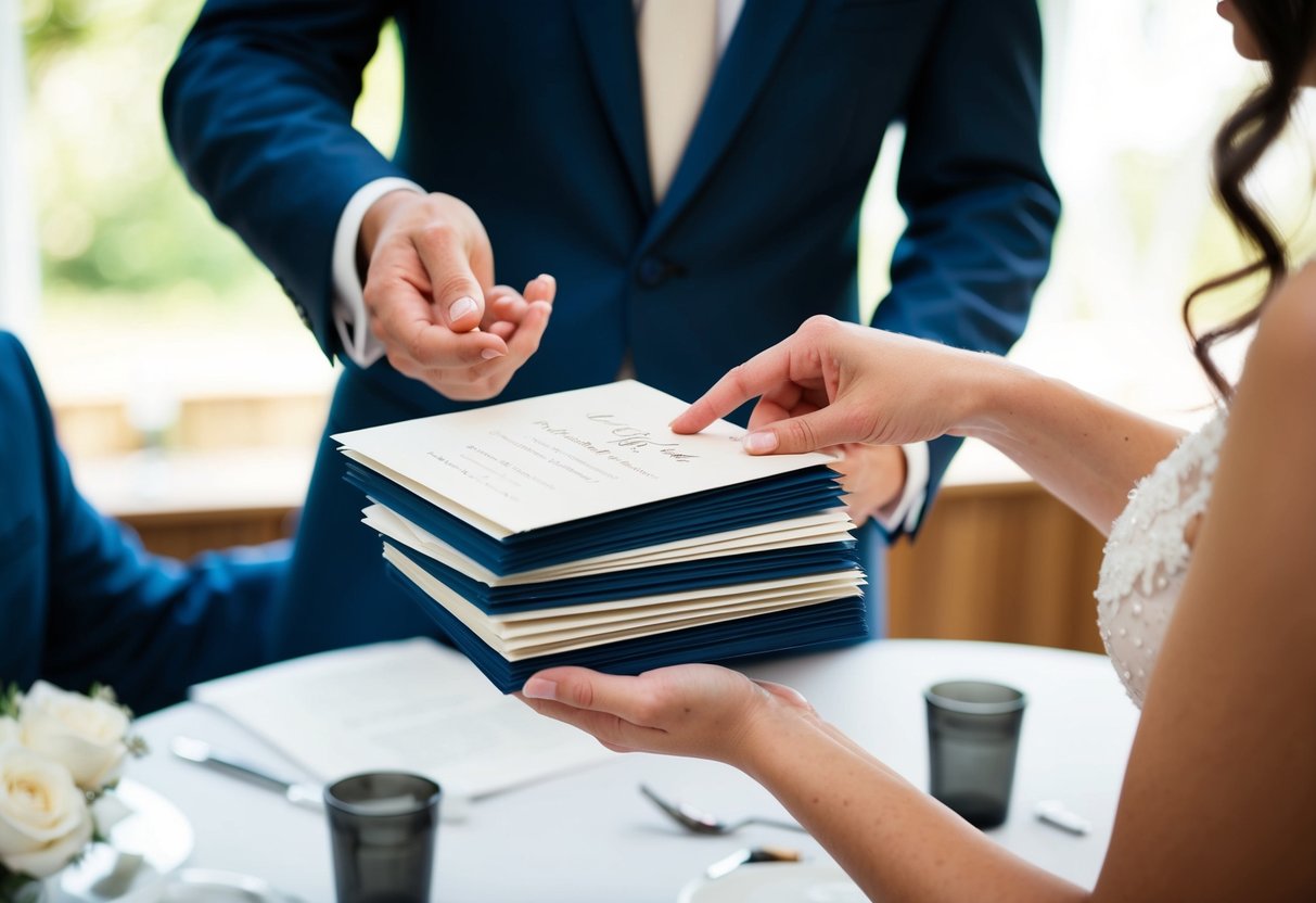 A groom's hand holds out a stack of wedding invitations towards a bride's hand, who appears to be examining them closely