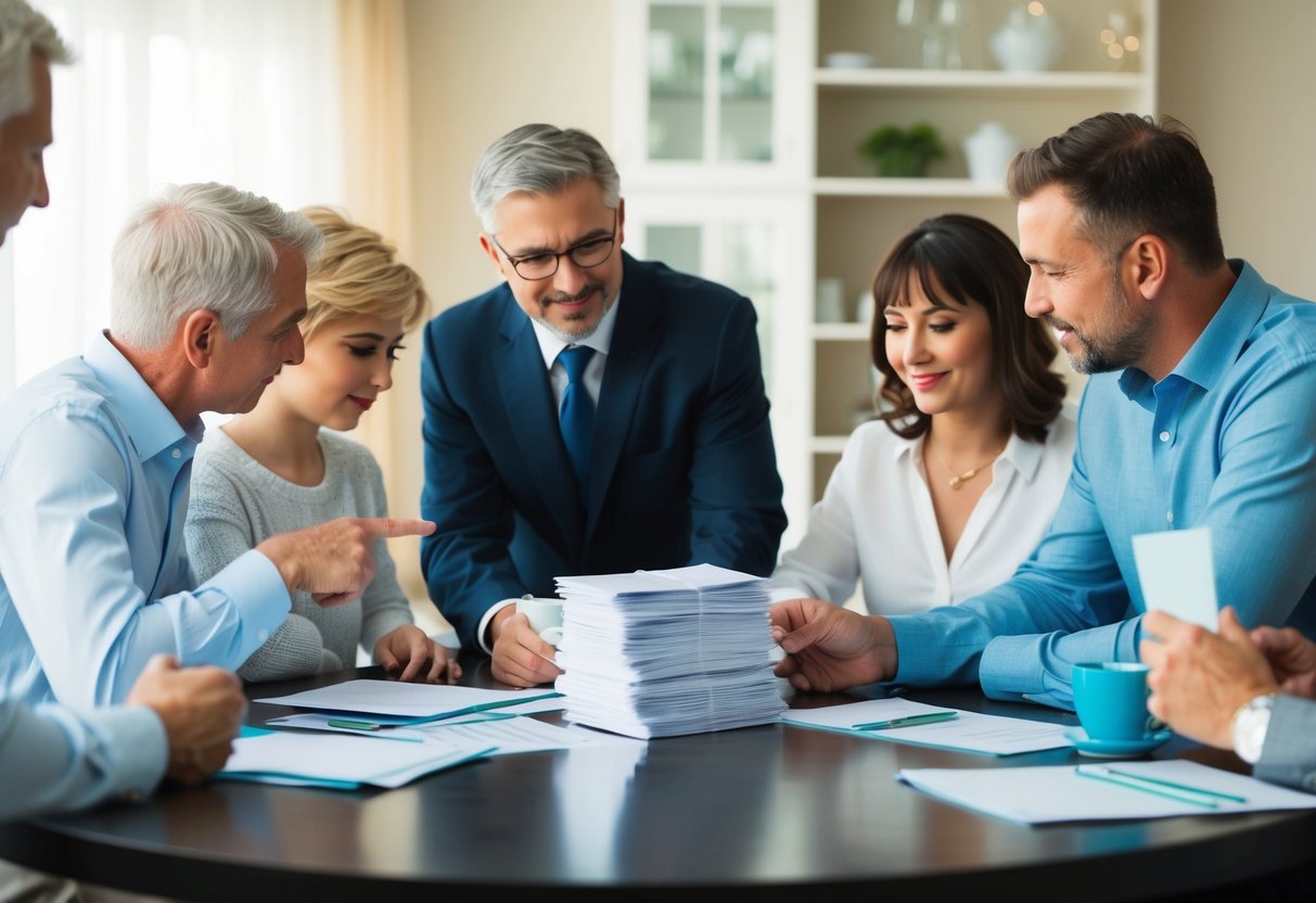 A family gathering around a table, discussing and planning wedding expenses. A stack of wedding invitations sits in the center