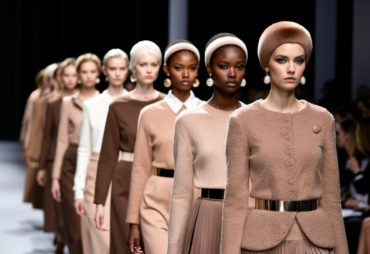 A runway show featuring models in mocha mousse-colored garments, with Pantone Color of the Year accents in accessories and makeup