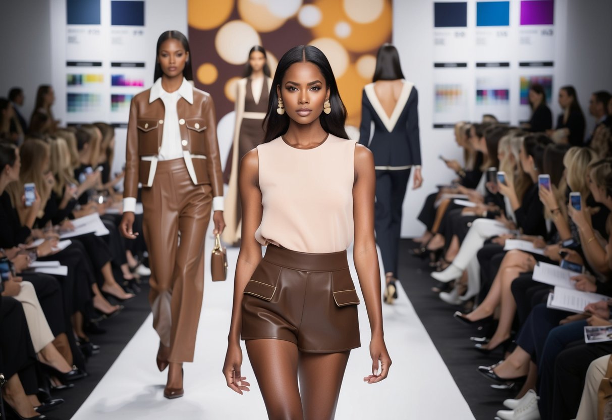 A chic fashion runway with models in Mocha Mousse-inspired outfits, surrounded by Pantone color swatches and design sketches