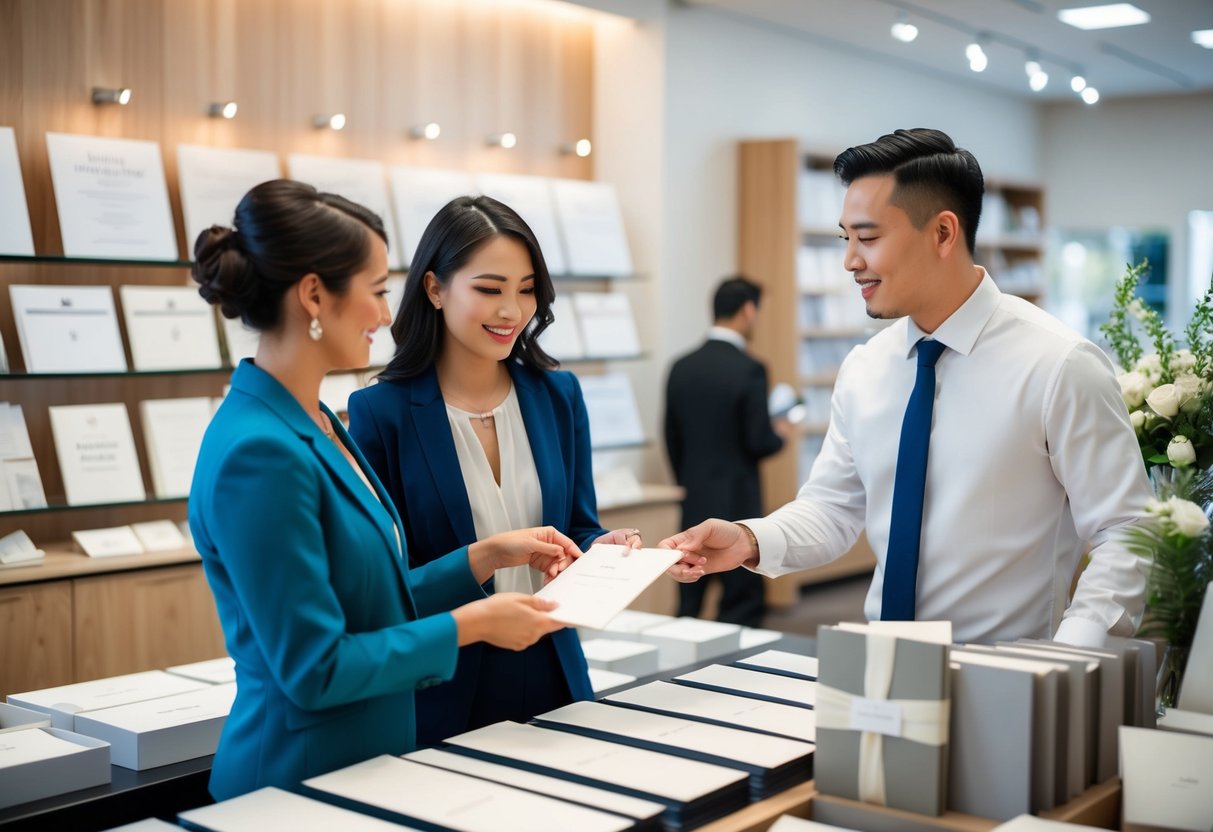 A couple selecting and purchasing wedding invitations from a stationery store, discussing design options and pricing with a sales associate