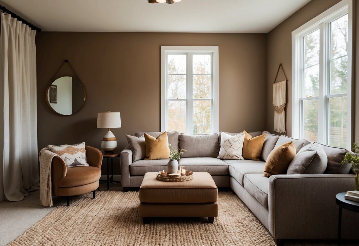 A cozy living room with earthy-toned furniture and decor, featuring a mocha mousse-colored accent wall. Warm natural light filters in through the window, creating a soothing sensory impact