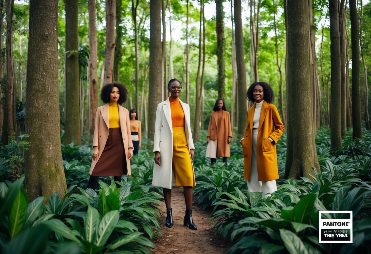 A lush forest with earthy tones and pops of Pantone's Color of the Year, surrounded by sustainable fashion pieces blending seamlessly into the natural world