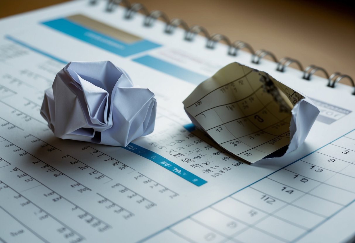 A calendar page torn in half, with one half crumpled and discarded, while the other half remains intact