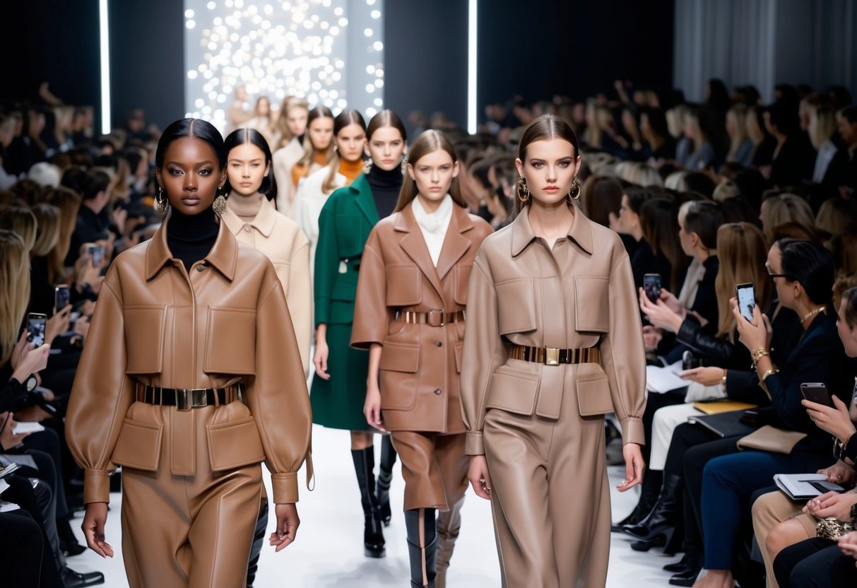 A runway filled with models wearing various shades of mocha mousse-colored garments. The audience is captivated by the trendy and sophisticated color palette