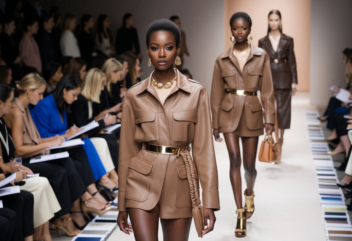 A stylish runway with models wearing trendy Mocha Mousse colored outfits, surrounded by Pantone swatches and fashion designers taking notes