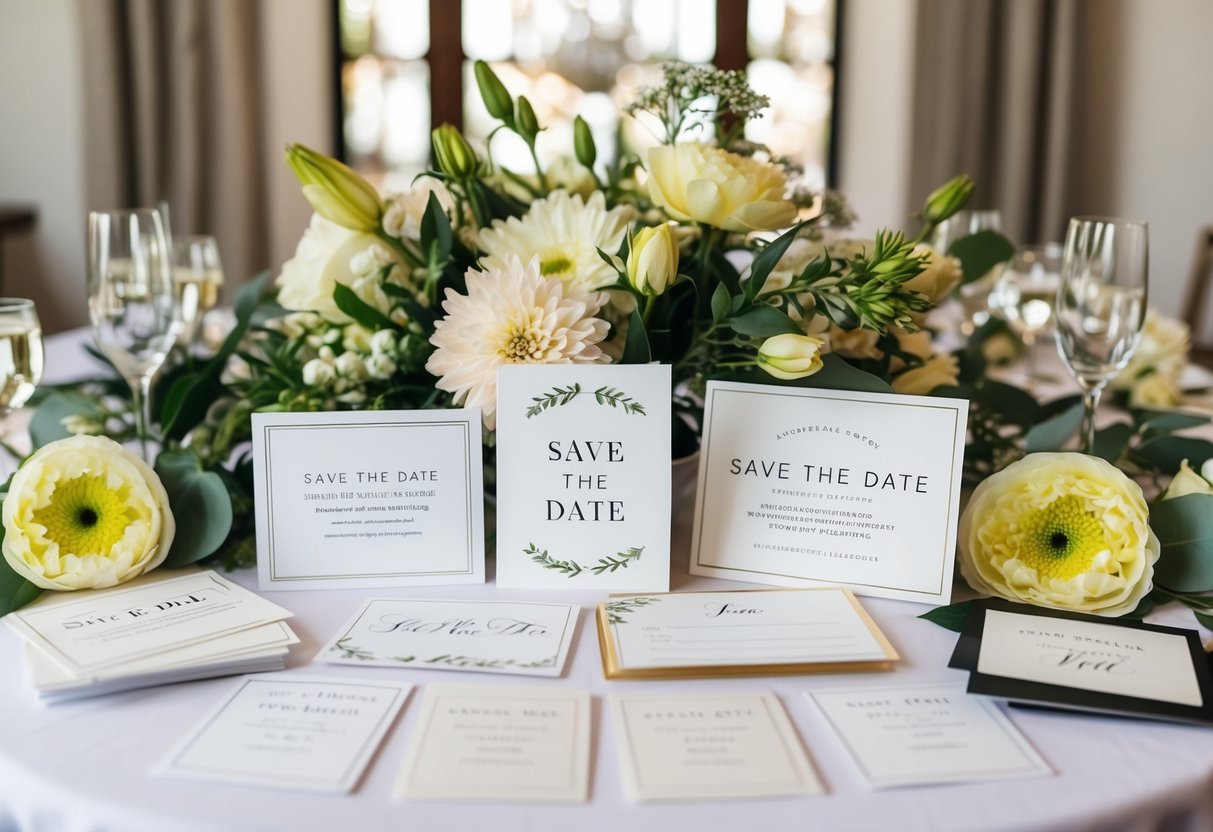 A table with wedding planning materials, including Save the Date cards, surrounded by flowers and decor