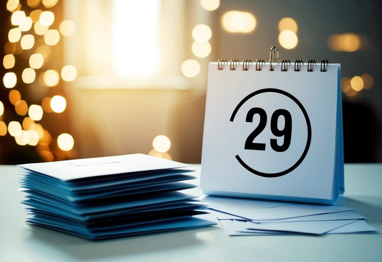 A calendar with a circled date and a pile of envelopes