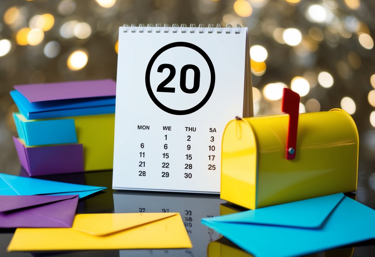 A calendar with a circled date, surrounded by colorful envelopes and a mailbox