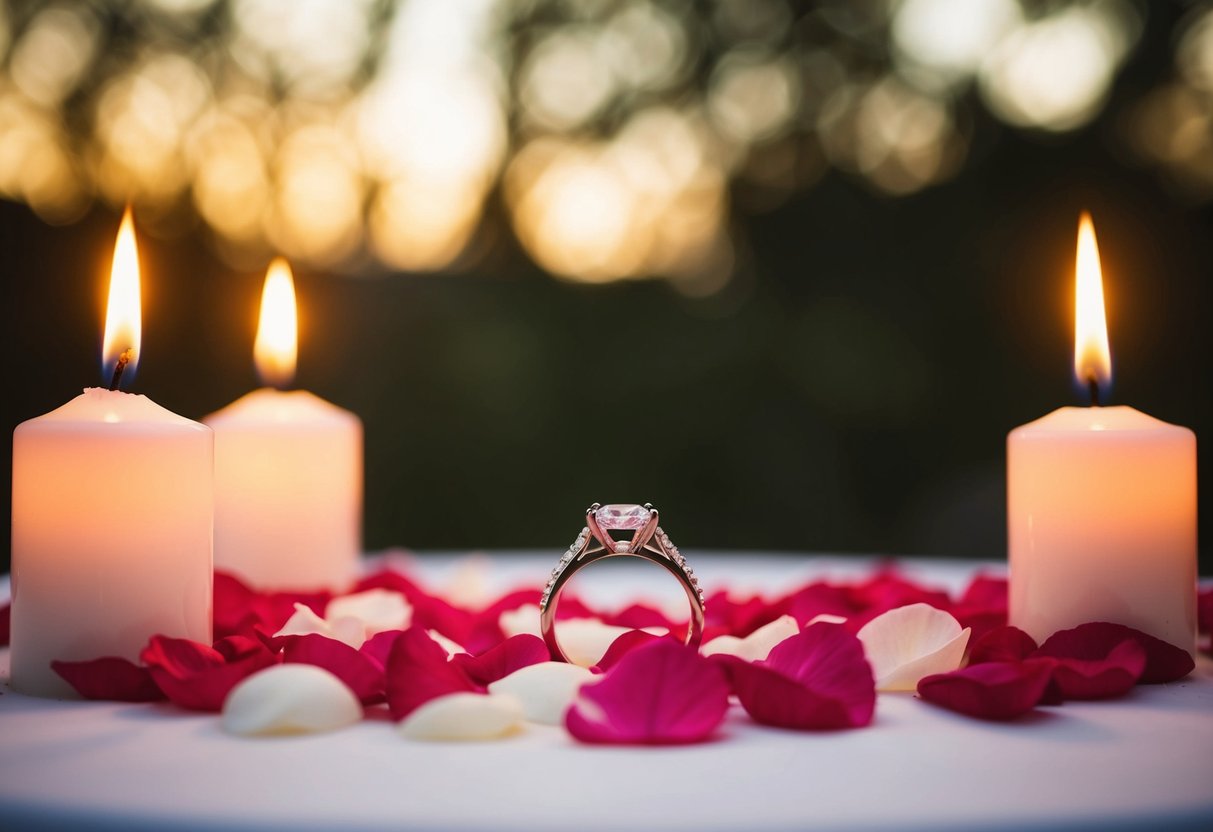 A wedding ring placed on a bed of rose petals, surrounded by lit candles