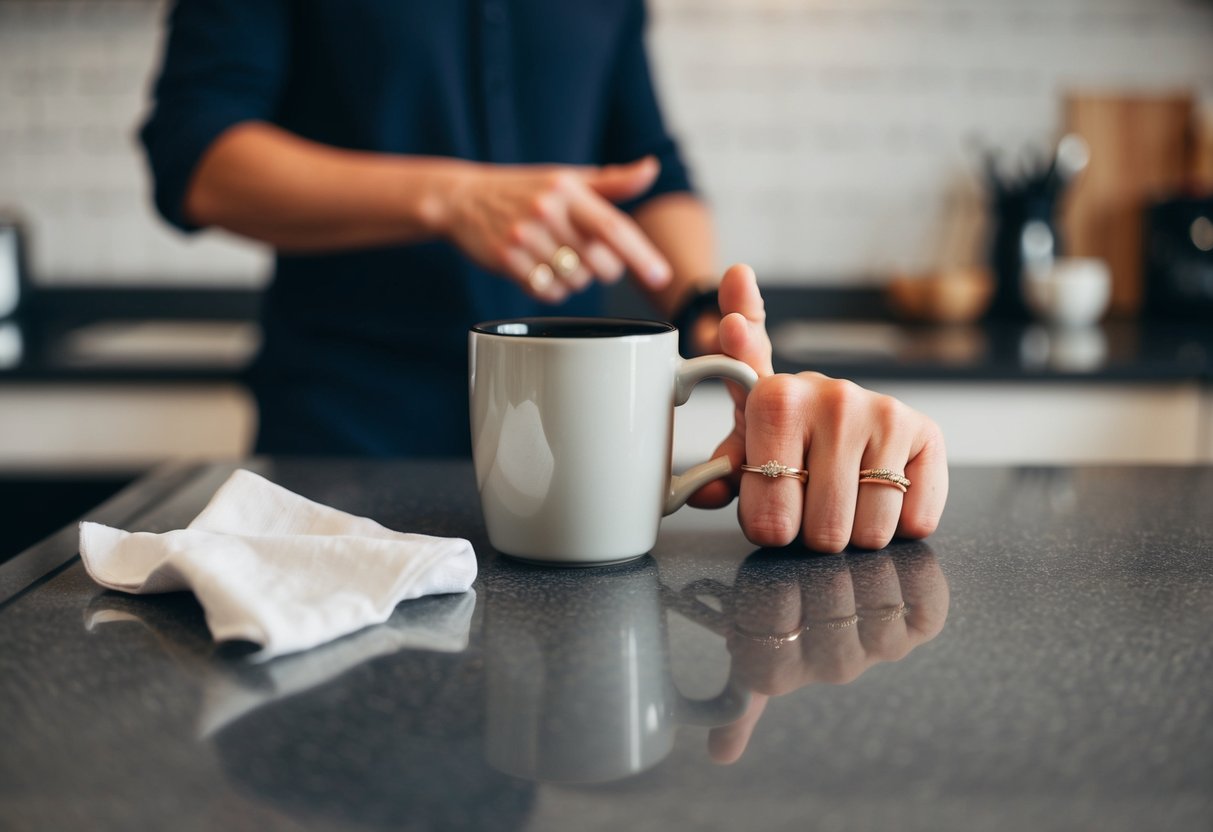 A bare left ring finger on a kitchen counter, next to a half-empty coffee mug and a crumpled napkin