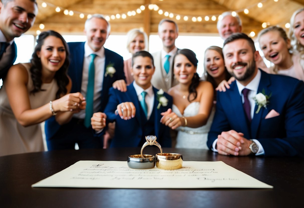 A couple's wedding rings placed on a table with a note, surrounded by excited family and friends