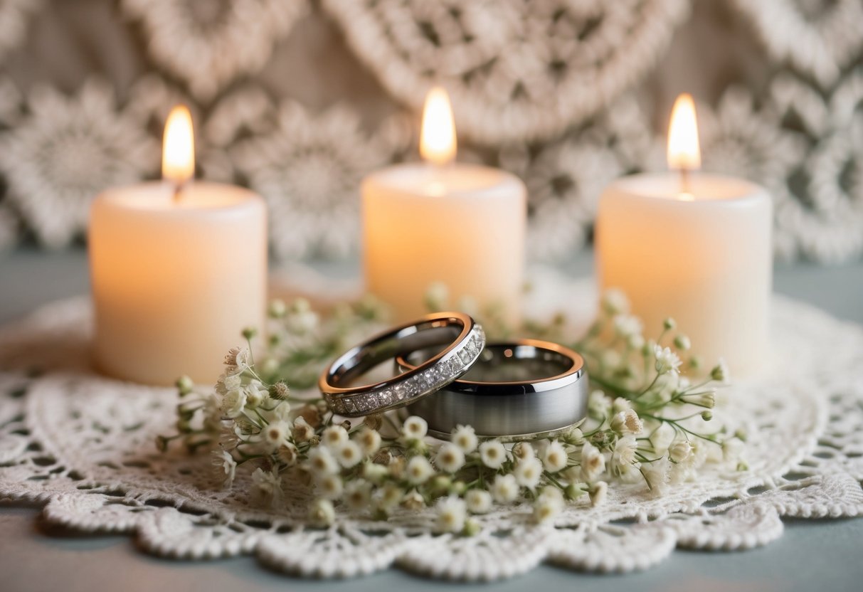 A pair of intertwined wedding rings resting on a bed of delicate flowers, surrounded by soft candlelight and a vintage lace backdrop